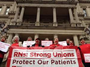 Michigan Nurses Association protests on the Capitol steps in Lansing against Michigan Right To Work legislation today.