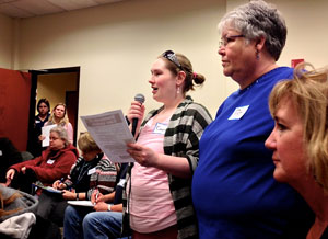 MNA nurses Cassie Hamilton, Pat Webster and Mary Turner speak up about patient safety at a town hall meeting with Sen. Alice Johnson, Sen. John Hoffman and Rep. Jerry Newton in Coon Rapids on Thursday.
